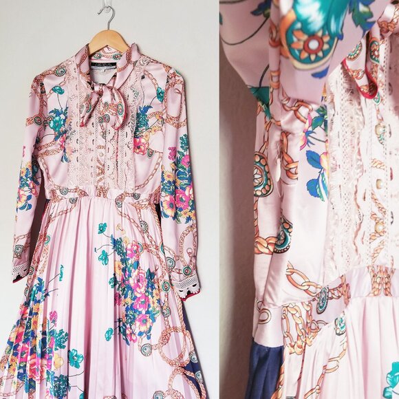 Dalia MacPhee Pink Lace Long Sleeve Printed Pleated Midi Dress M Vintage Luxe - Picture 10 of 16